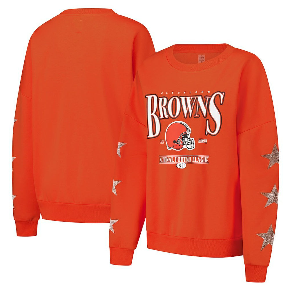 Cleveland Browns Gameday Couture Women's Rhinestone Star Sleeve Settle the Score Oversized Pullover Sweatshirt - Orange Pullover