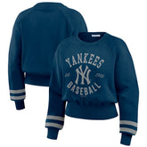 New York Yankees WEAR by Erin Andrews Women's Vintage Washed Cropped Pullover Sweatshirt - Navy Pullover