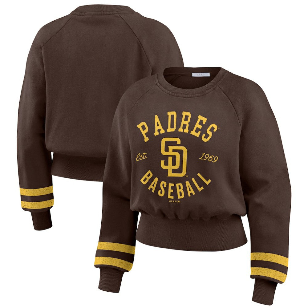 San Diego Padres WEAR by Erin Andrews Women's Vintage Washed Cropped Pullover Sweatshirt - Brown Pullover