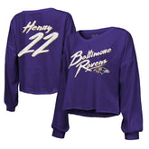 Derrick Henry Baltimore Ravens Majestic Threads Women's Name & Number Off-Shoulder Script Cropped Long Sleeve Relaxed V-Neck T-Shirt - Purple T-shirts