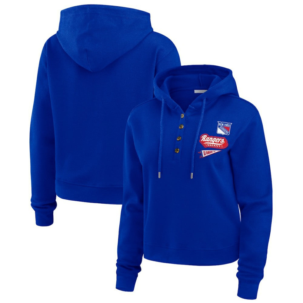 New York Rangers WEAR by Erin Andrews Women's Waffle-Knit Pullover Hoodie - Blue | US 201429708