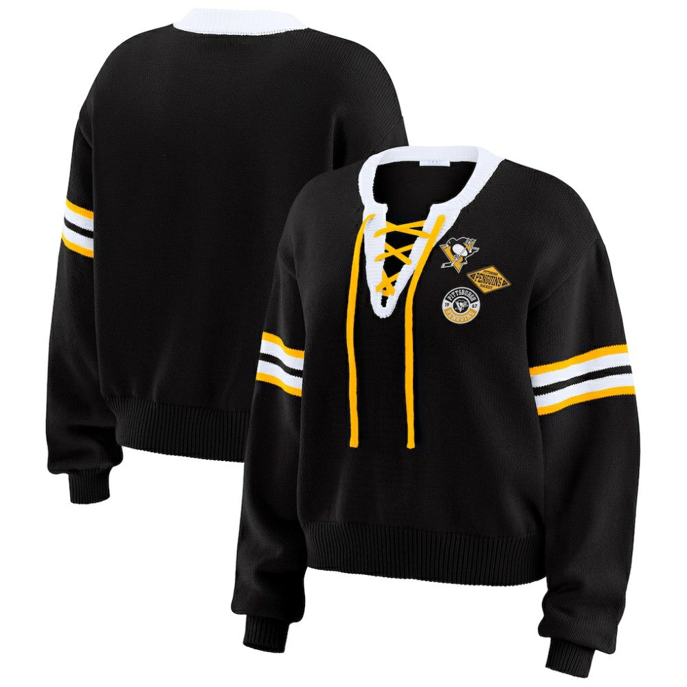 Pittsburgh Penguins WEAR by Erin Andrews Women's Cropped Lace-Up Sweater - Black | US 201429721