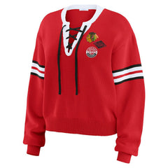 Chicago Blackhawks WEAR by Erin Andrews Women's Cropped Lace-Up Sweater - Red | US 201429722