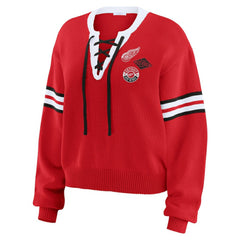 Detroit Red Wings WEAR by Erin Andrews Women's Cropped Lace-Up Sweater - Red | US 201429725