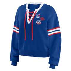 New York Rangers WEAR by Erin Andrews Women's Cropped Lace-Up Sweater - Blue | US 201429726