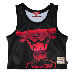 Chicago Bulls Women's Hardwood Classics Big Face 4.0 Cropped Tank Top Black - Mitchell & Ness