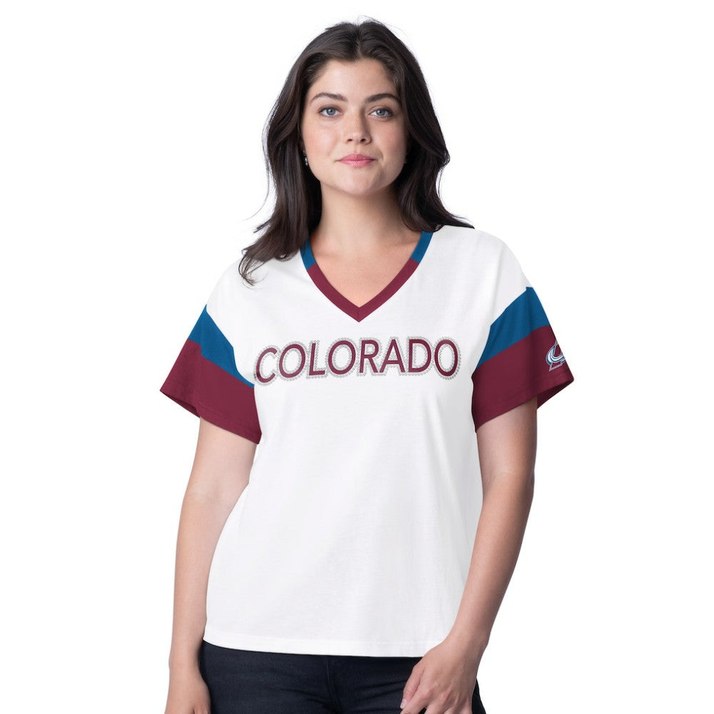 Colorado Avalanche G-III 4Her by Carl Banks Women's Rink Oversized Rhinestone V-Neck T-Shirt - White | US 201432655