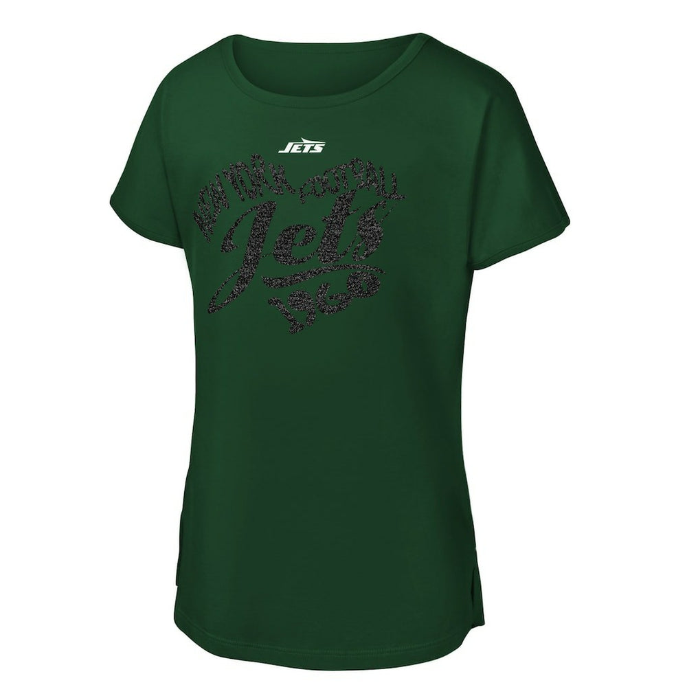 New York Jets Girls Youth Script Heart Dolman T-Shirt - Green T-shirts