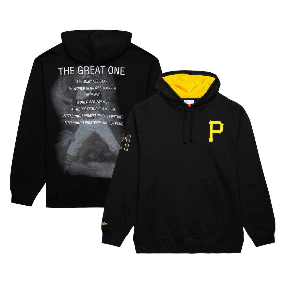 Roberto Clemente Pittsburgh Pirates Mitchell & Ness Vintage Logo Name & Number Pullover Hoodie - Black Hoodies
