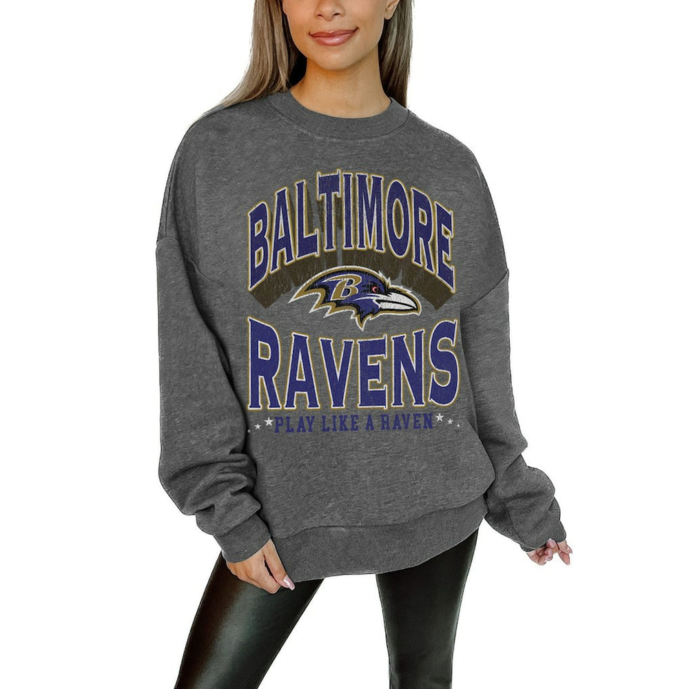 Baltimore Ravens Gameday Couture Women's Oversized Long Weekend Premium Fleece Drop Shoulder Pullover Sweatshirt - Charcoal Pullover
