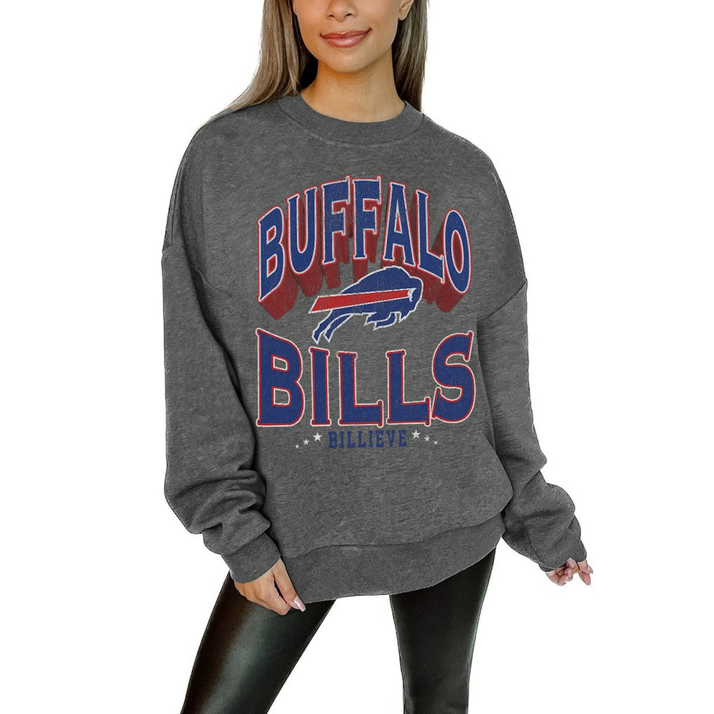 Buffalo Bills Gameday Couture Women's Oversized Long Weekend Premium Fleece Drop Shoulder Pullover Sweatshirt - Charcoal Pullover