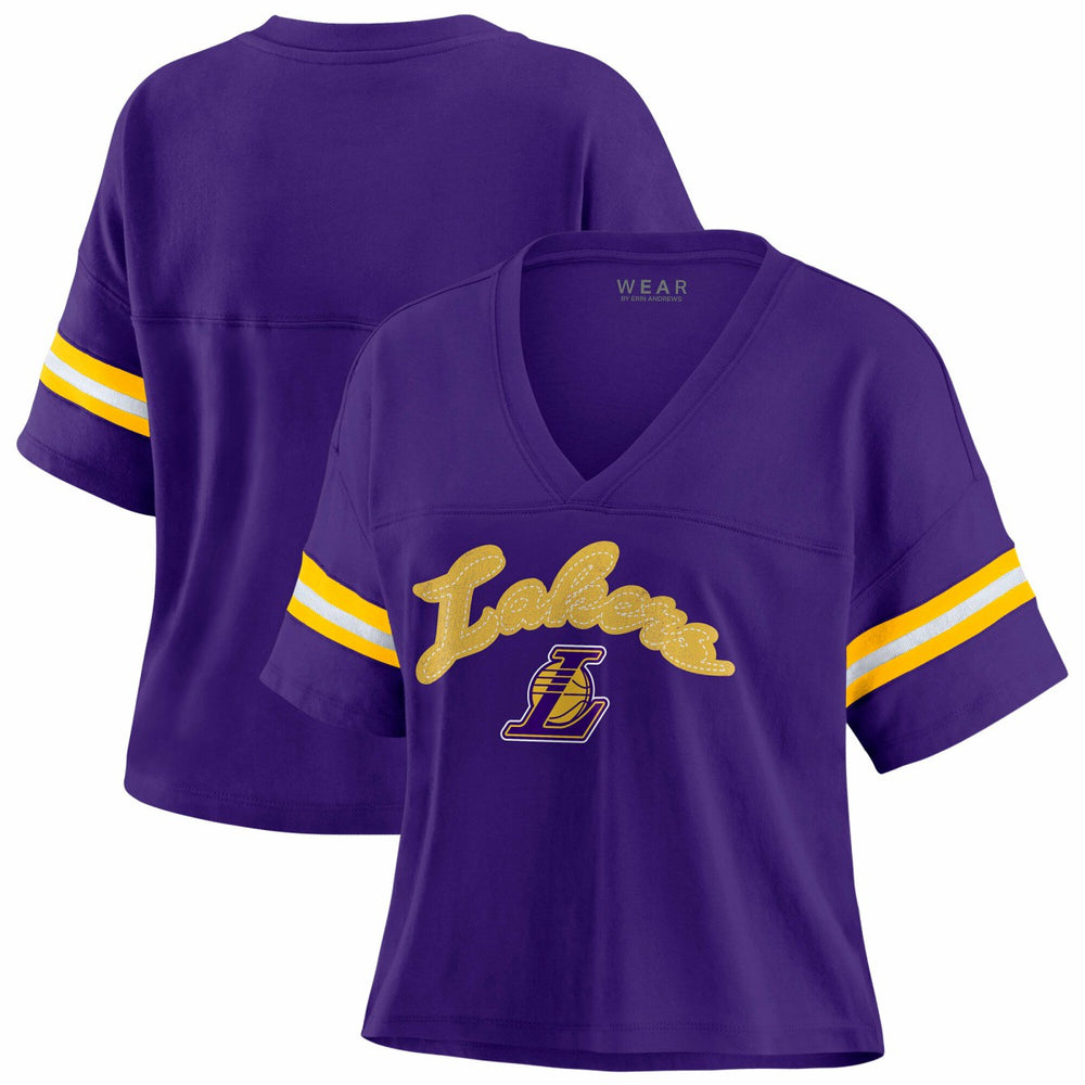 Los Angeles Lakers WEAR by Erin Andrews Women's Plus Size Color Block Boxy V-Neck T-Shirt Purple