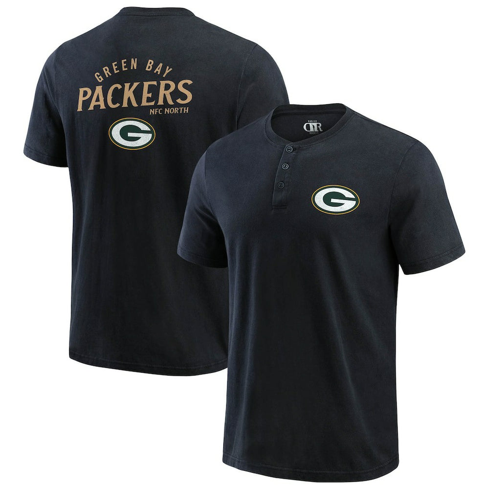 Green Bay Packers Darius Rucker Collection Washed Henley T-Shirt - Black T-shirts