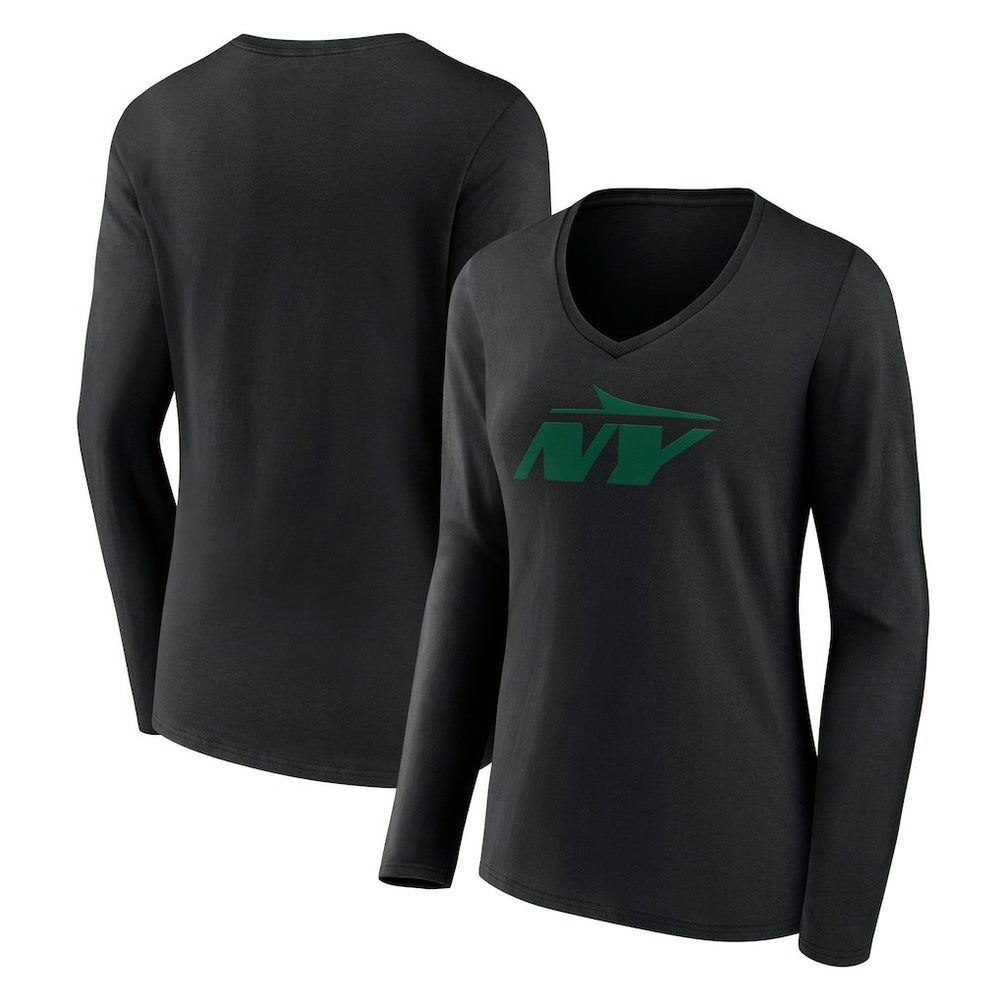 New York Jets Women's Secondary Logo Long Sleeve V-Neck T-Shirt - Black T-shirts