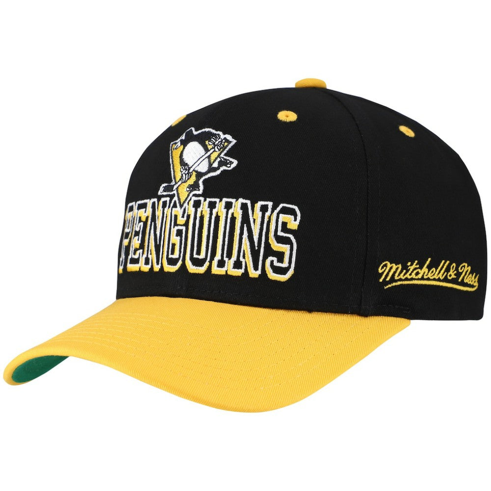 Pittsburgh Penguins Mitchell & Ness Backside Script Two-Tone Pro Crown Adjustable Hat - Black/Gold | US 201546288