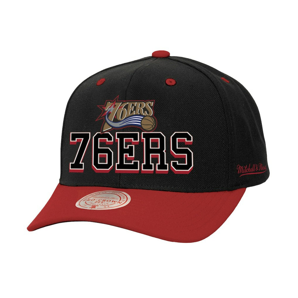 Philadelphia 76ers Backside Script 2-Tone Pro Crown Adjustable Hat Black/Red - Mitchell & Ness