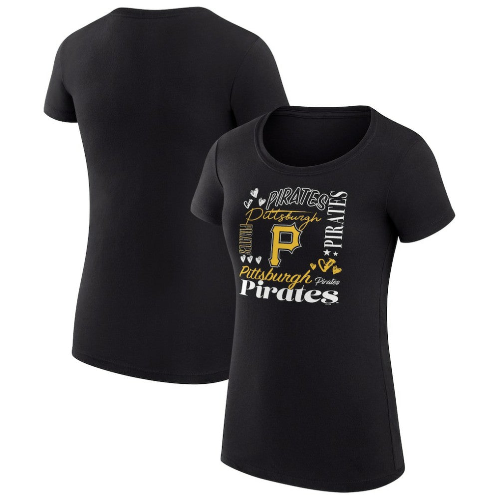 Pittsburgh Pirates G-III 4Her by Carl Banks Women's Super-Slim Fit Lightweight Collage Team Graphic Crew Neck T-Shirt - Black T-shirts