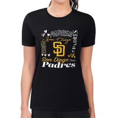 San Diego Padres G-III 4Her by Carl Banks Women's Super-Slim Fit Lightweight Collage Team Graphic Crew Neck T-Shirt - Black T-shirts
