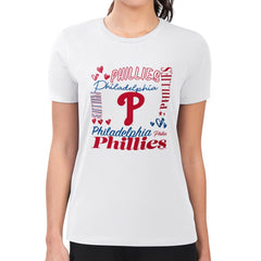 Philadelphia Phillies G-III 4Her by Carl Banks Women's Super-Slim Fit Lightweight Collage Team Graphic Crew Neck T-Shirt - White T-shirts