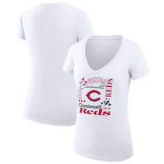 Cincinnati Reds G-III 4Her by Carl Banks Women's Super-Slim Fit Lightweight Collage Team Graphic V-Neck T-Shirt - White T-shirts