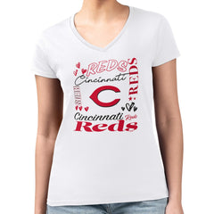 Cincinnati Reds G-III 4Her by Carl Banks Women's Super-Slim Fit Lightweight Collage Team Graphic V-Neck T-Shirt - White T-shirts