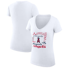 Los Angeles Angels G-III 4Her by Carl Banks Women's Super-Slim Fit Lightweight Collage Team Graphic V-Neck T-Shirt - White T-shirts