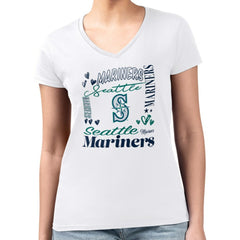 Seattle Mariners G-III 4Her by Carl Banks Women's Super-Slim Fit Lightweight Collage Team Graphic V-Neck T-Shirt - White T-shirts