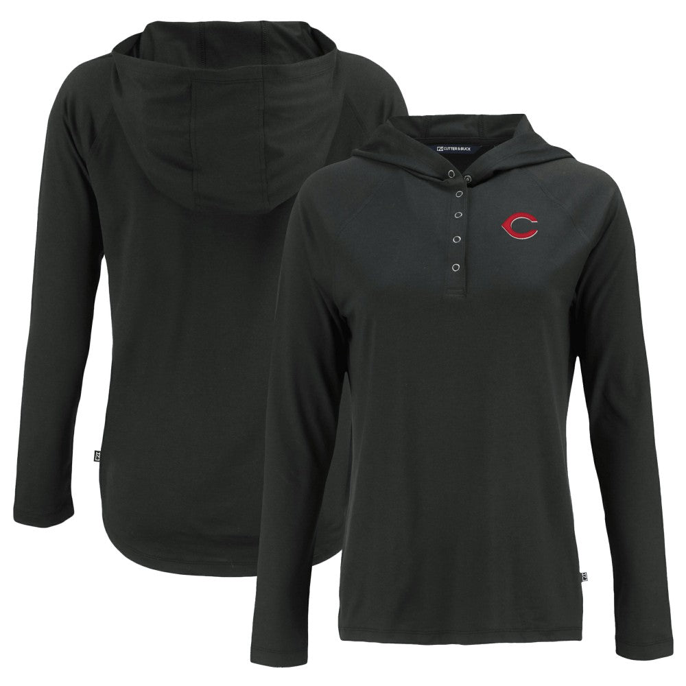 Cincinnati Reds Cutter & Buck Women's Coastline Epic Comfort Eco Recycled Hoodie Raglan Long Sleeve T-Shirt - Black Hoodies