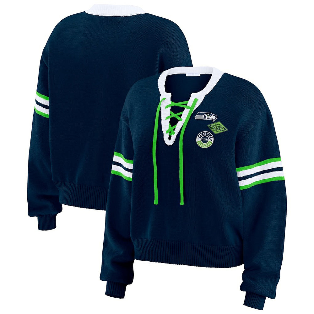 Seattle Seahawks WEAR by Erin Andrews Women's Lace-Up Pullover Sweatshirt - Navy Pullover