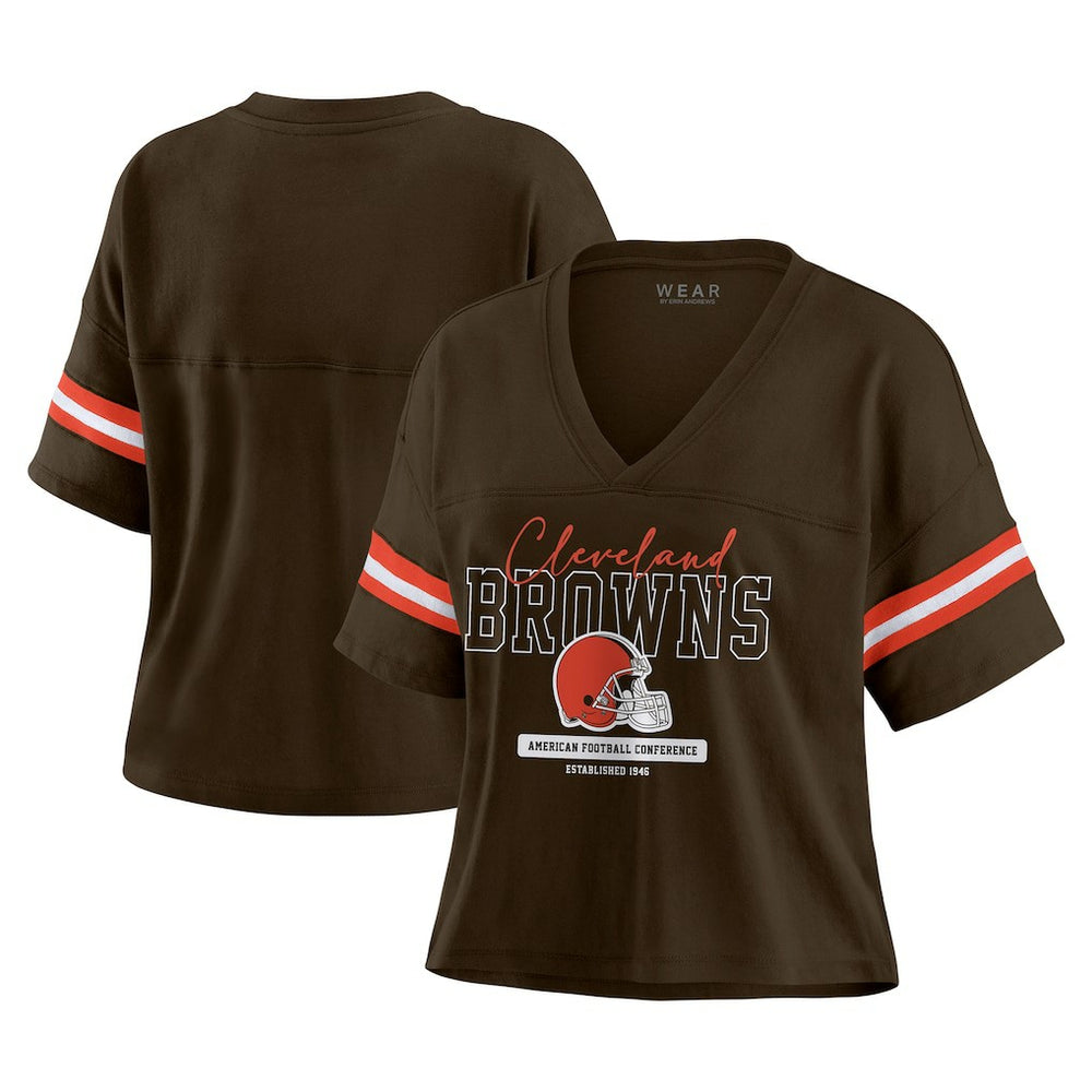 Cleveland Browns WEAR by Erin Andrews Women's Color Block Boxy Modest Crop V-Neck T-Shirt - Brown T-shirts