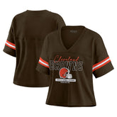 Cleveland Browns WEAR by Erin Andrews Women's Color Block Boxy Modest Crop V-Neck T-Shirt - Brown T-shirts