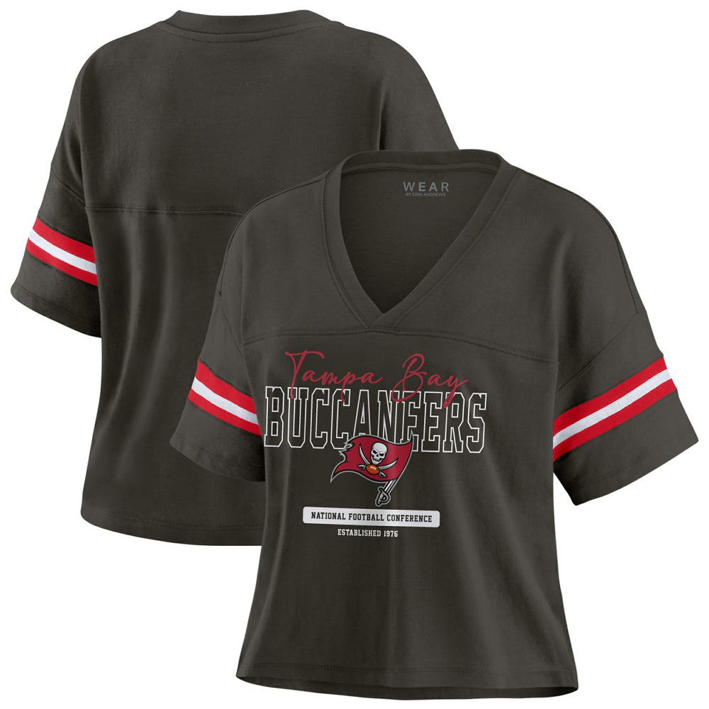 Tampa Bay Buccaneers WEAR by Erin Andrews Women's Color Block Boxy Modest Crop V-Neck T-Shirt - Orange T-shirts