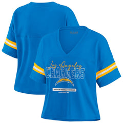 Los Angeles Chargers WEAR by Erin Andrews Women's Color Block Boxy Modest Crop V-Neck T-Shirt - Powder Blue T-shirts