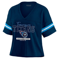 Tennessee Titans WEAR by Erin Andrews Women's Color Block Boxy Modest Crop V-Neck T-Shirt - Navy T-shirts