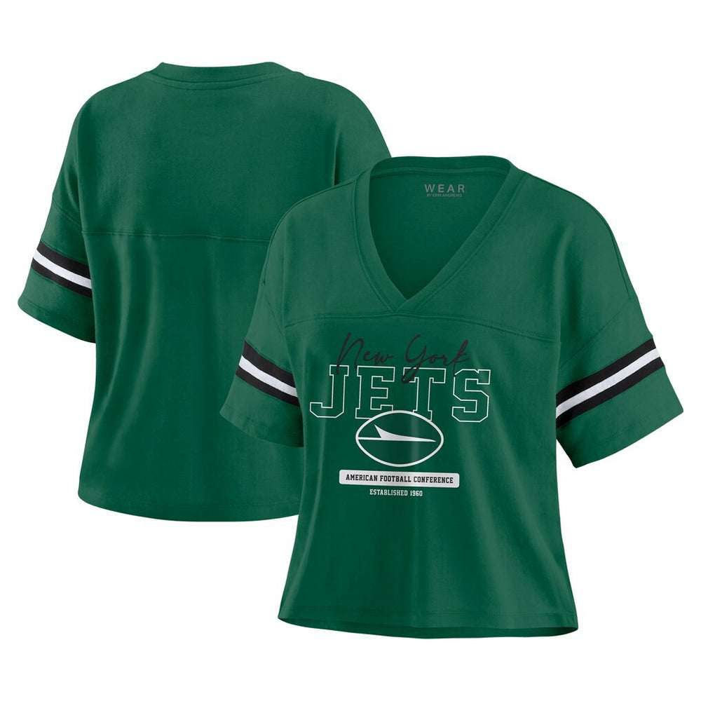 New York Jets WEAR by Erin Andrews Women's Color Block Boxy Modest Crop V-Neck T-Shirt - Green T-shirts