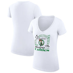 Boston Celtics G-III 4Her by Carl Banks Women's Super-Slim Fit Lightweight Team Name Collage Graphic V-Neck T-Shirt White