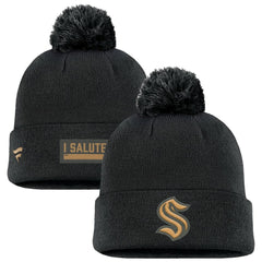 Seattle Kraken Fanatics Military Appreciation Cuffed Knit Hat with Pom - Black | US 201598357