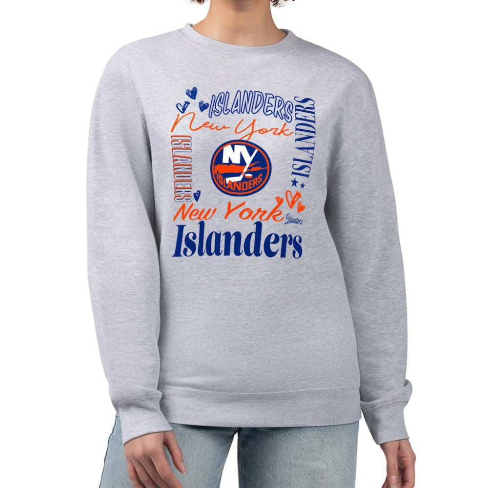 New York Islanders G-III 4Her by Carl Banks Women's Collage Graphic Fleece Long Sleeve Pullover Sweatshirt - Heather Gray | US 201622772