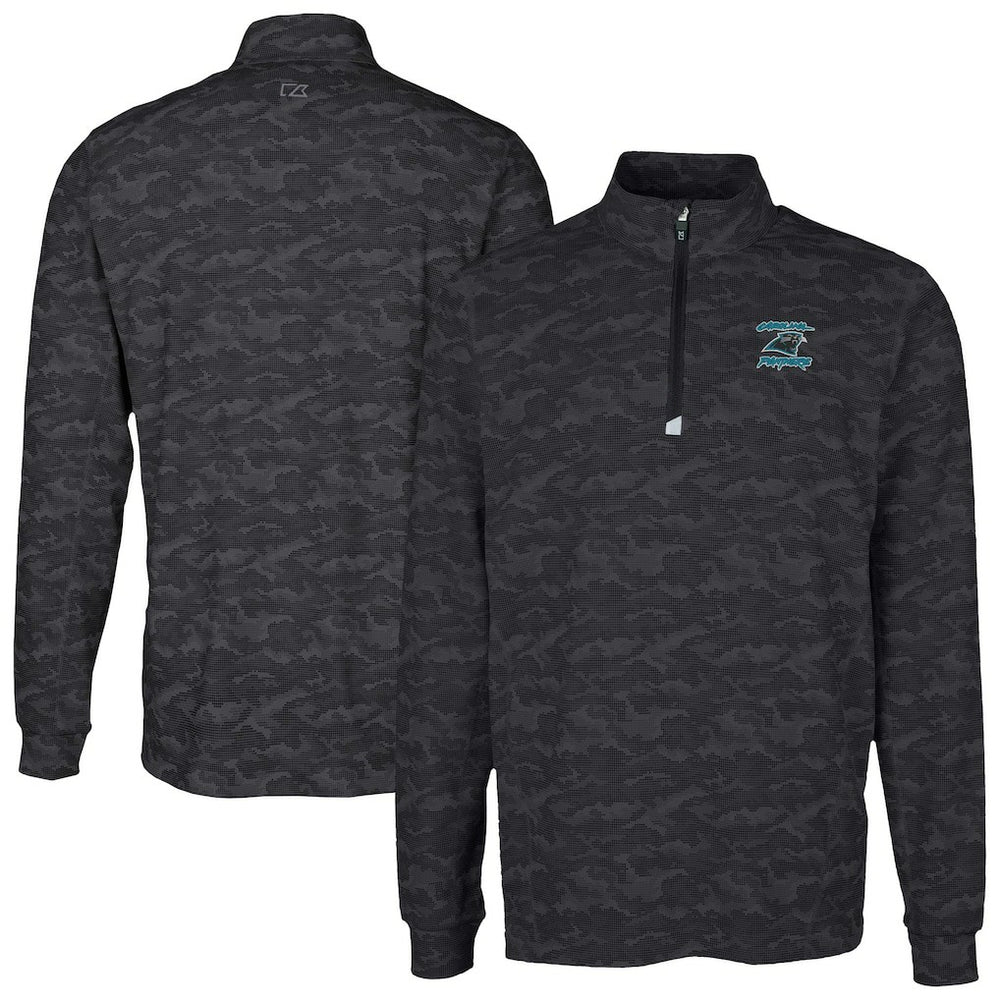 Carolina Panthers Cutter & Buck Traverse Camo Print Stretch DryTec Quarter-Zip Top - Black Tops