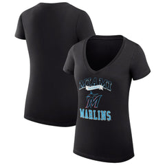 Miami Marlins G-III 4Her by Carl Banks Women's Super-Slim Fit Lightweight Team Logo Graphic V-Neck T-Shirt - Black T-shirts