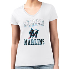 Miami Marlins G-III 4Her by Carl Banks Women's Super-Slim Fit Lightweight Team Logo Graphic V-Neck T-Shirt - White T-shirts