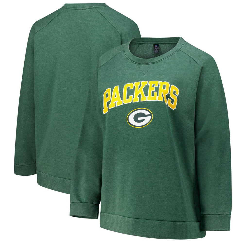 Green Bay Packers Profile Women's Plus Size Acid Wash Raglan Sweatshirt - Heather Green Sweatshirts
