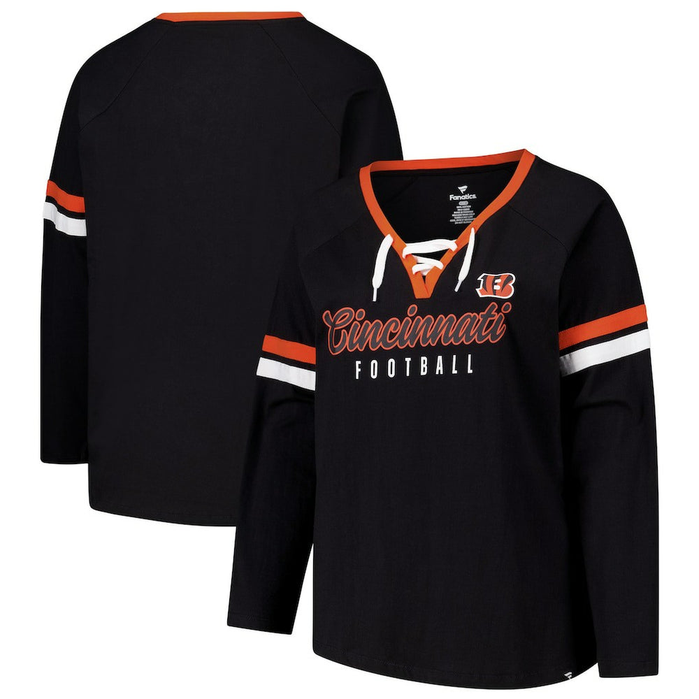 Cincinnati Bengals Women's Plus Size Won & Done Lace-Up V-Neck Long Sleeve T-Shirt - Black T-shirts