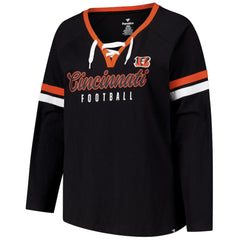 Cincinnati Bengals Women's Plus Size Won & Done Lace-Up V-Neck Long Sleeve T-Shirt - Black T-shirts
