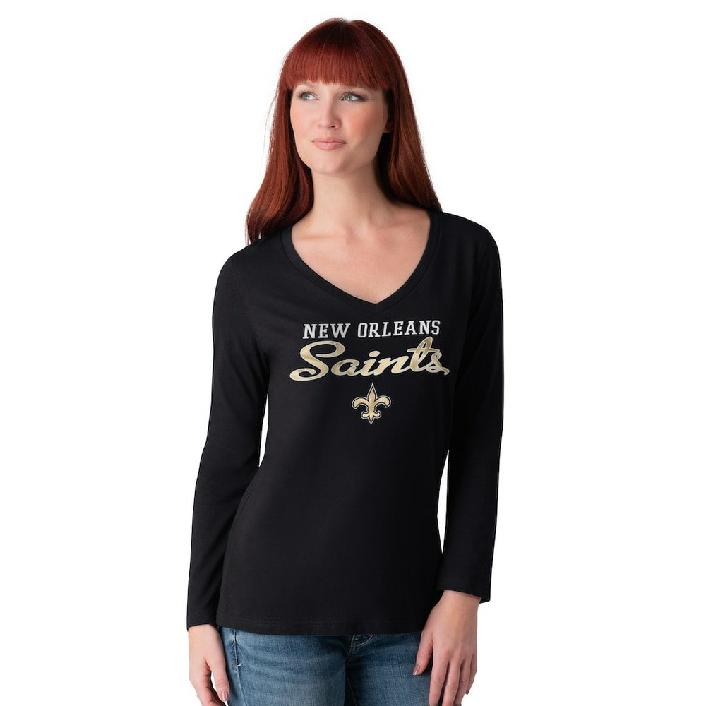 New Orleans Saints G-III 4Her by Carl Banks Women's Post Season Long Sleeve V-Neck T-Shirt - Black T-shirts