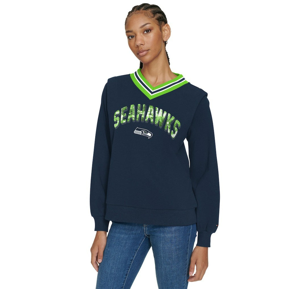 Seattle Seahawks Tommy Hilfiger Women's Alice V-Neck Pullover Sweatshirt - Navy Pullover