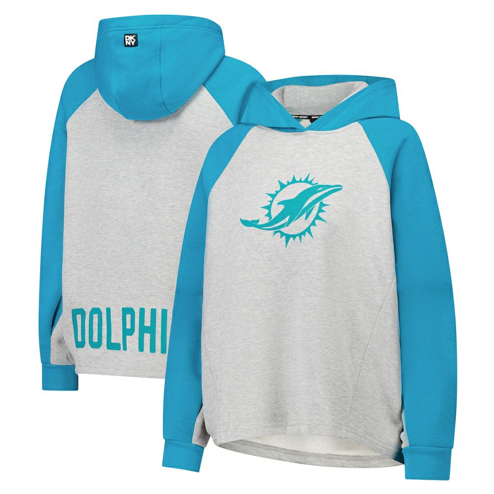 Miami Dolphins DKNY Sport Women's Joy Cropped Raglan Pullover Hoodie - Gray/Aqua - Gray/Aqua Hoodies