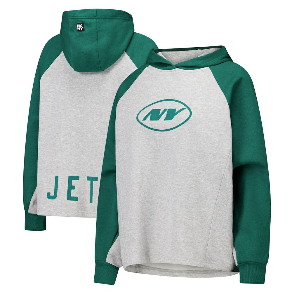 New York Jets DKNY Sport Women's Joy Cropped Raglan Pullover Hoodie - Gray/Green - Gray/Green Hoodies