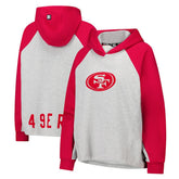 San Francisco 49ers DKNY Sport Women's Joy Cropped Raglan Pullover Hoodie - Gray/Scarlet - Gray/Scarlet Hoodies