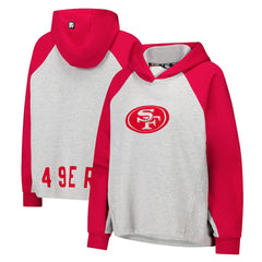 San Francisco 49ers DKNY Sport Women's Joy Cropped Raglan Pullover Hoodie - Gray/Scarlet - Gray/Scarlet Hoodies